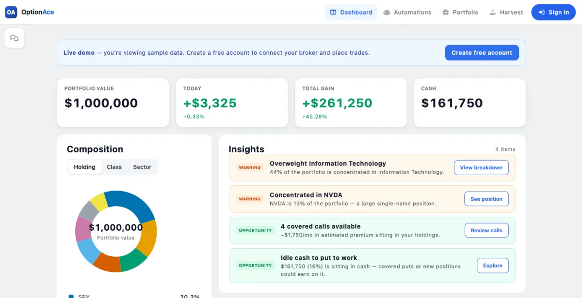 OptionAce portfolio dashboard preview